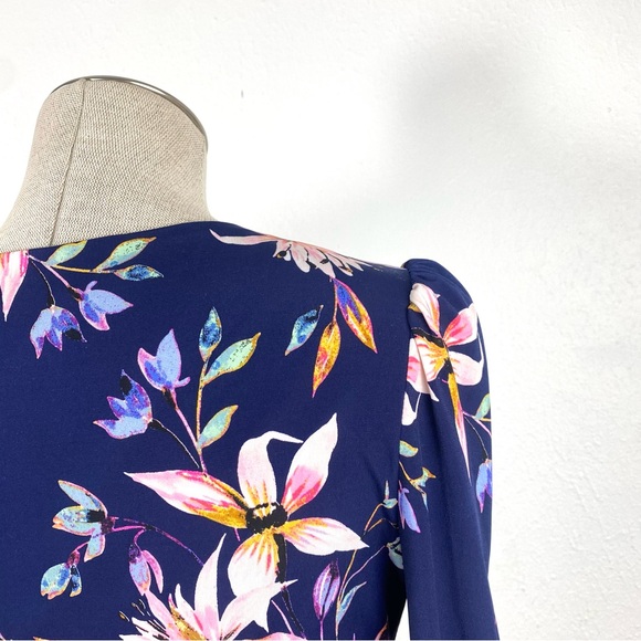 Eliza J Faux Wrap Dress 3/4 Sleeve V-Neck in Bright Tropical Style Floral Print - Picture 6 of 16